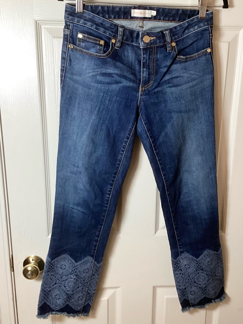 Tory Burch Embroidered Straight Cropped Raw Hem Jeans - Size 26